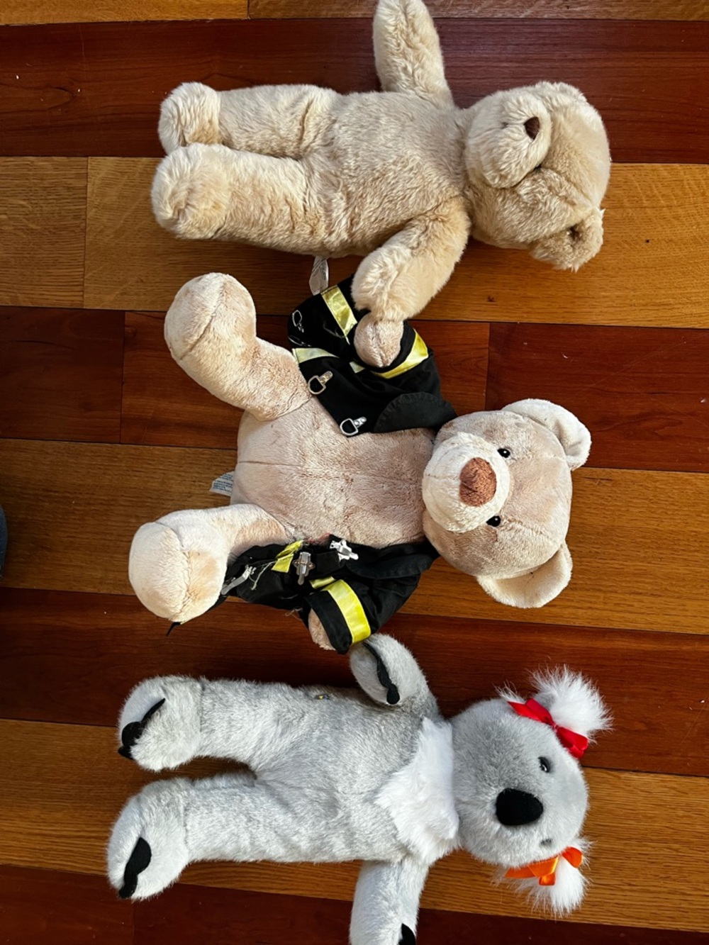 Build-A-Bear Plush Trio in Beige, Tan, Gray with Firefighter Jacket